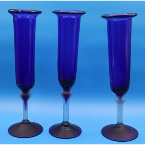 Set Of 3 Cobalt Blue Fluted Glass with Flat Rim Frosted Stem Art Decor. - Picture 3 of 11